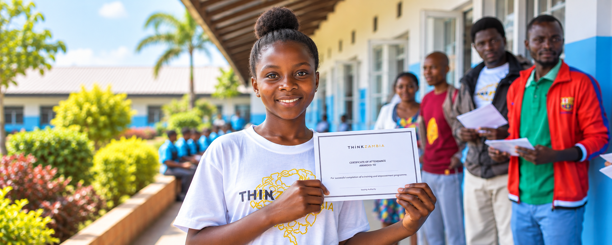 A young learner proudly displaying her Hour of Code participation certificate from Think Zambia Foundation at Chasten Education Centre.