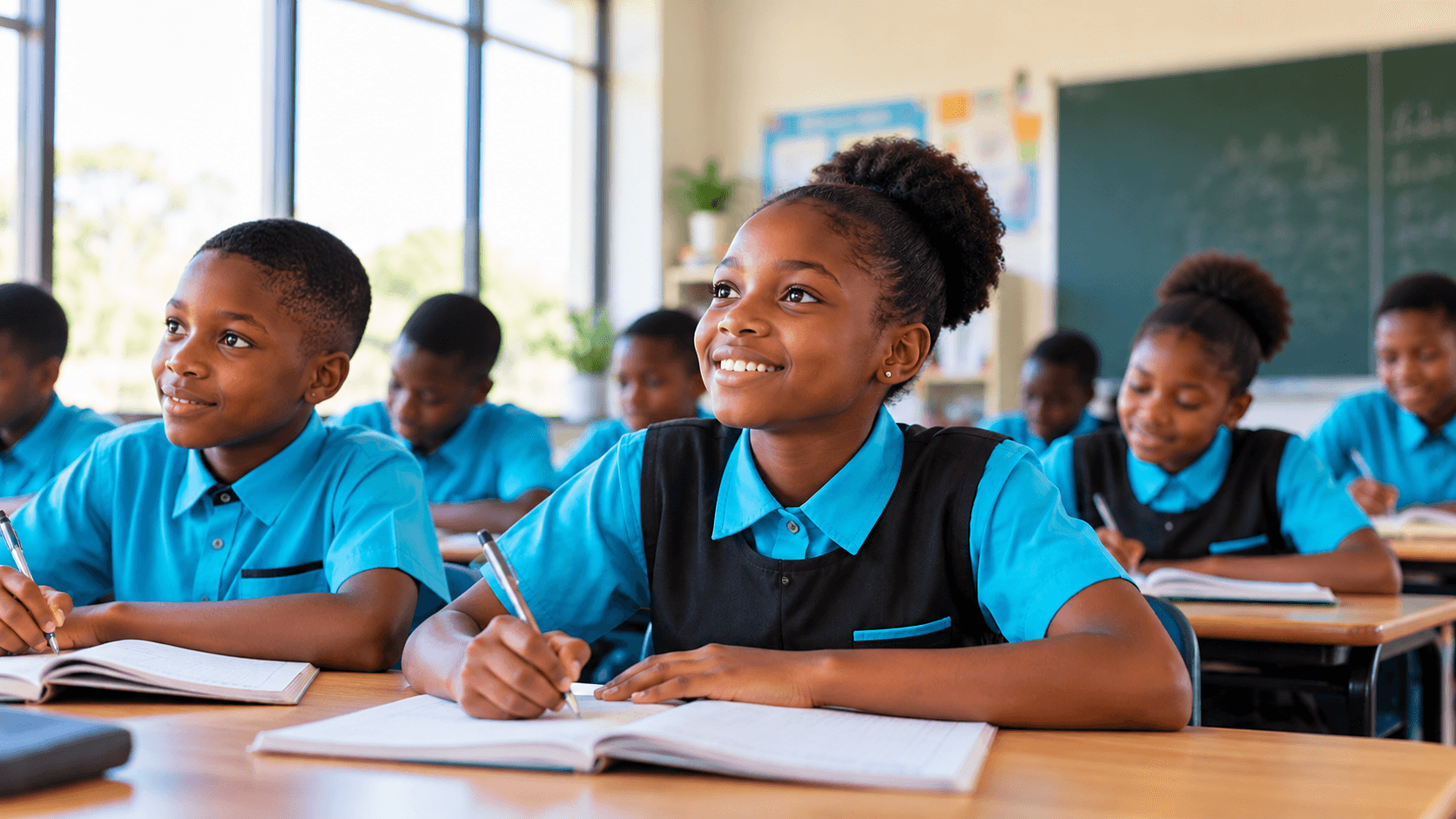 Chasten Education Centre students in blue and black uniforms learning together in a bright, modern classroom.