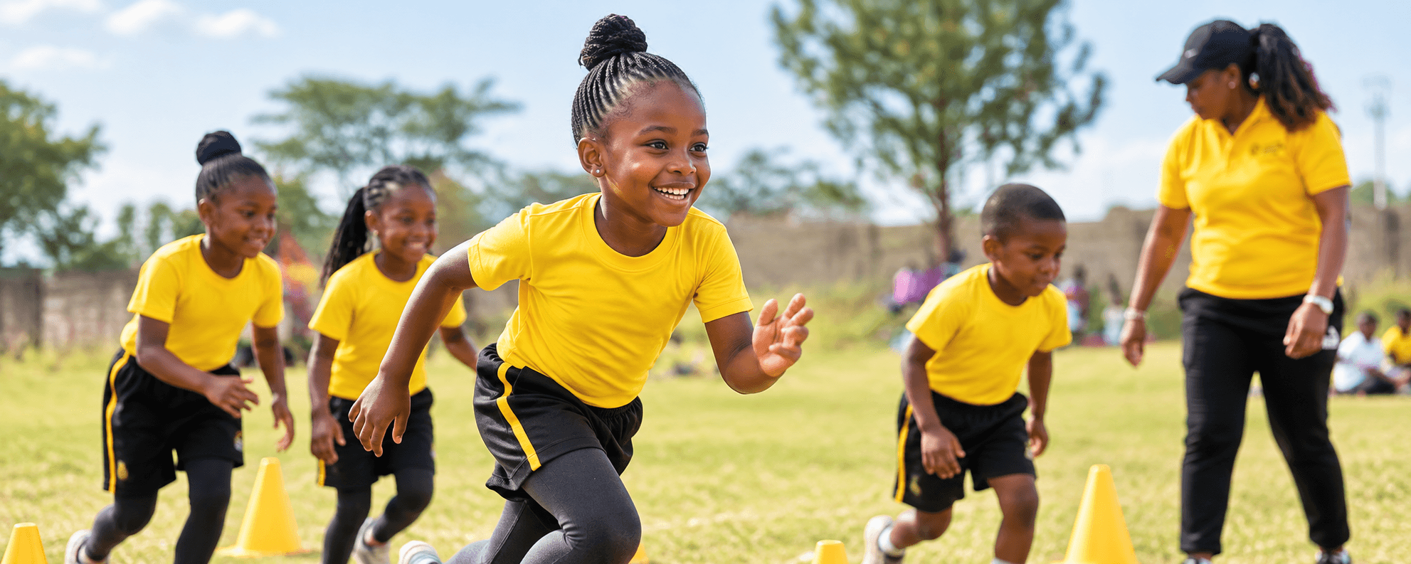 Chasten Education Centre students wearing yellow and black sports uniforms participating in outdoor athletics under the guidance of their coach.